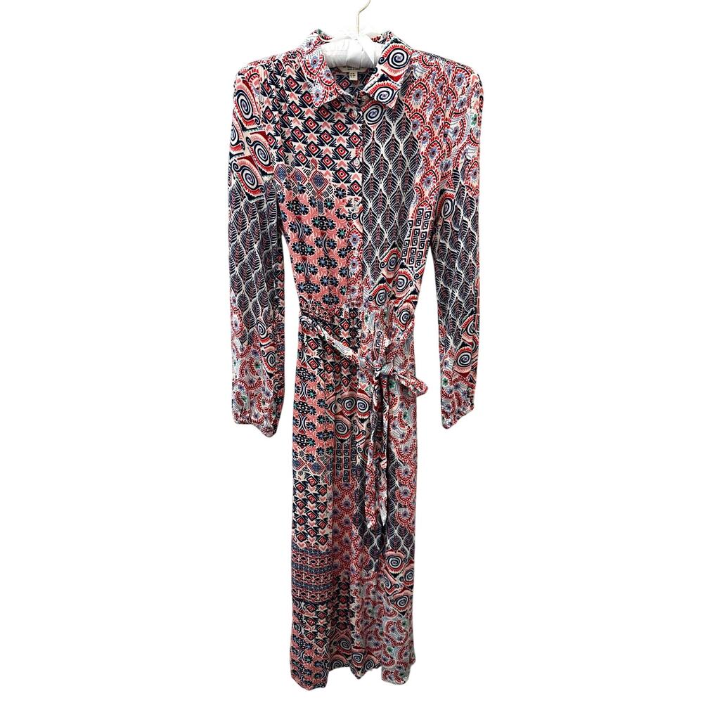 FATFACE Printed Shirt Dress Midi Belted Boho Geometric Ecovero Viscose Size 4